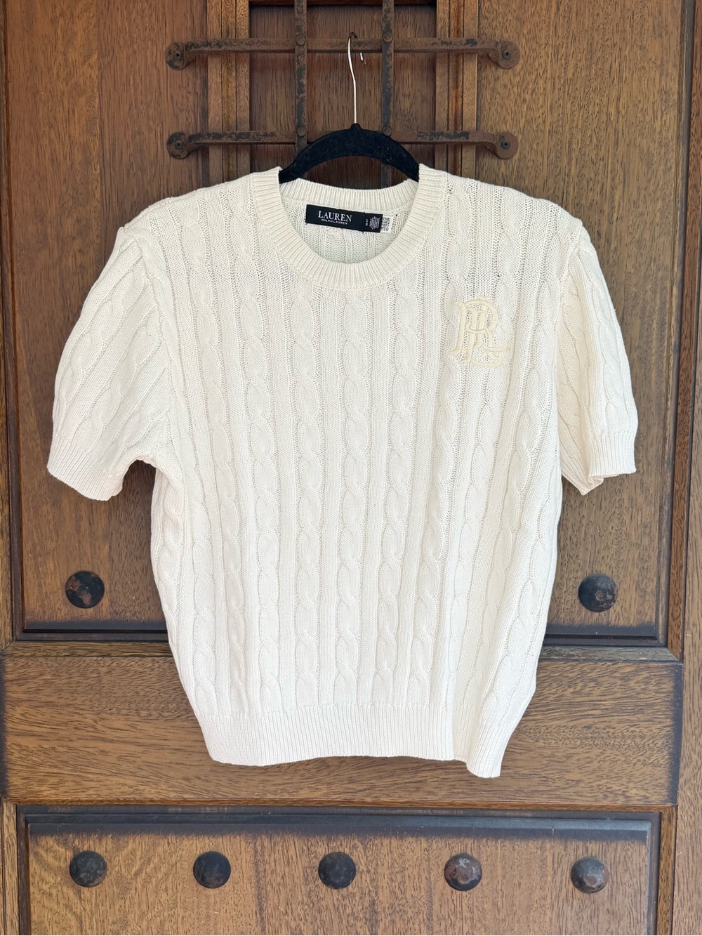 Lauren Ralph Lauren White Cable Knit Crewneck Short Sleeve Sweater Size L